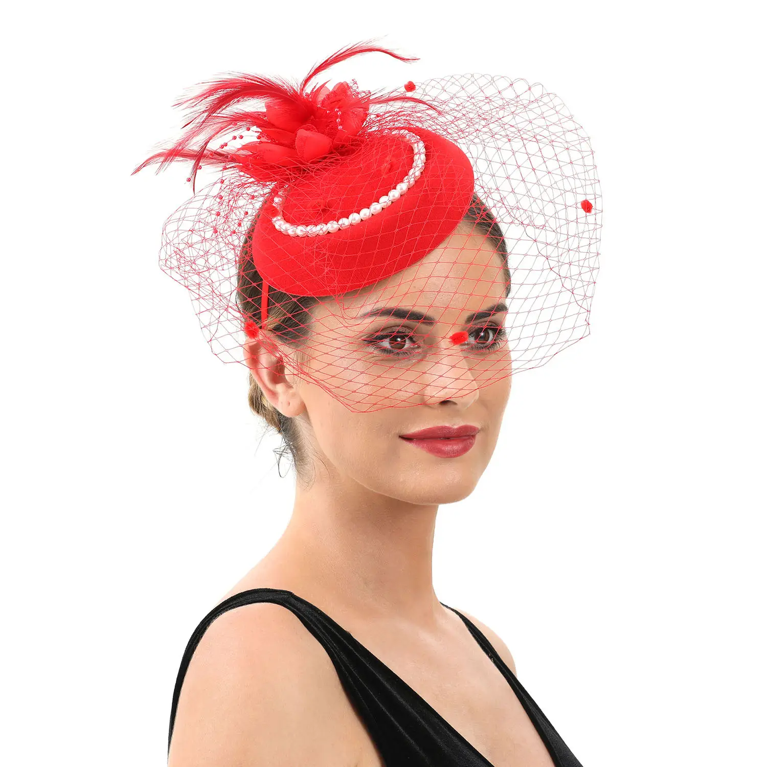 Yellow Feather Mesh Bridal Headband with Net - Image 14