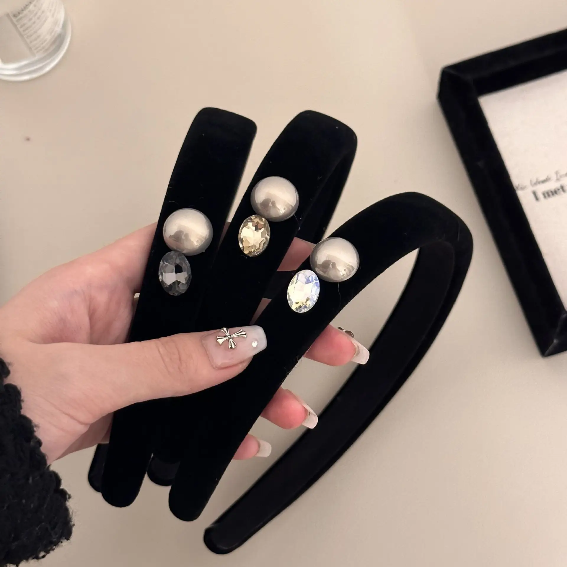 Black Velvet Pearl Rhinestone Headband for Women