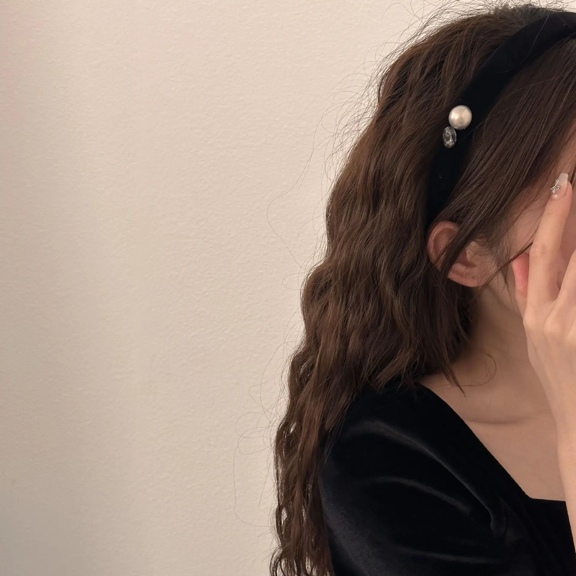 Black Velvet Pearl Rhinestone Headband for Women