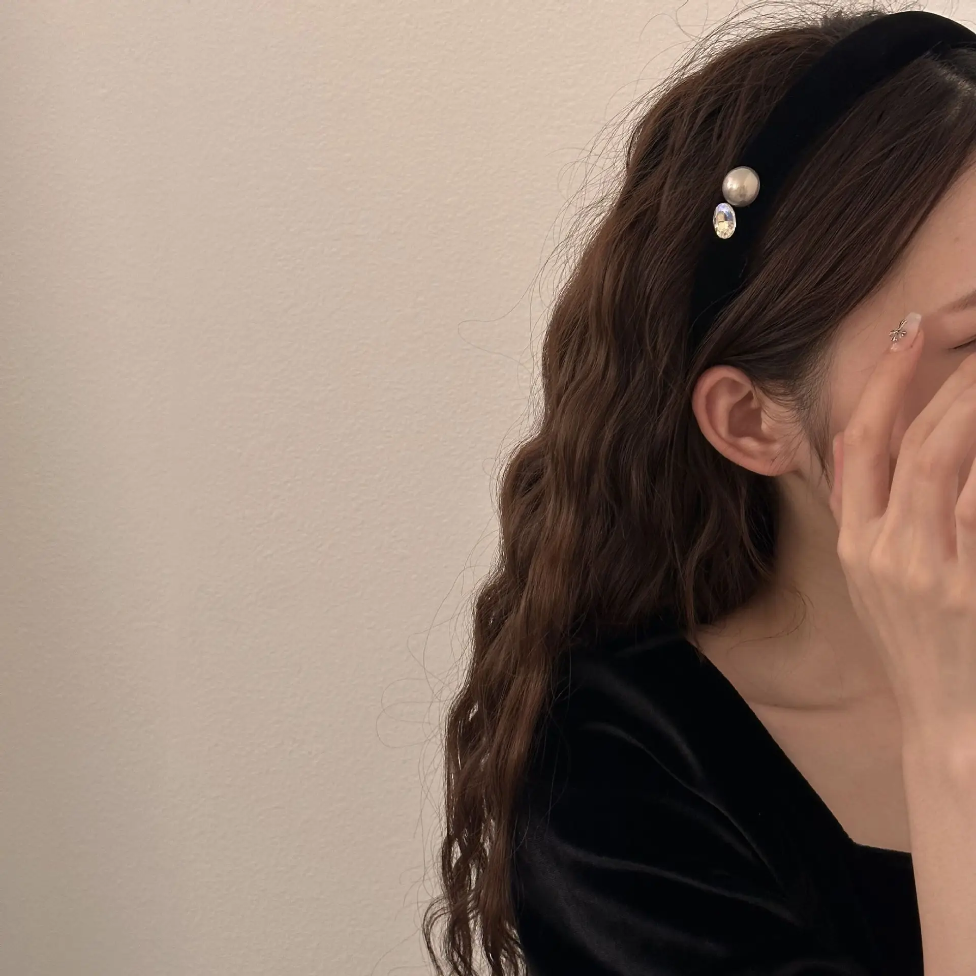 Black Velvet Pearl Rhinestone Headband for Women