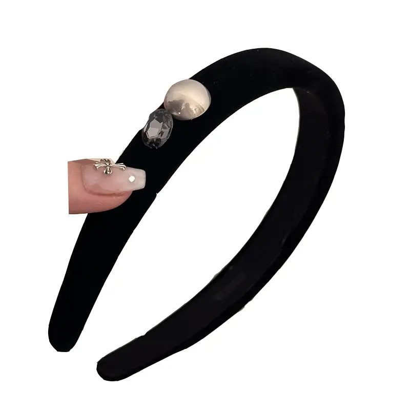 Black Velvet Pearl Rhinestone Headband for Women