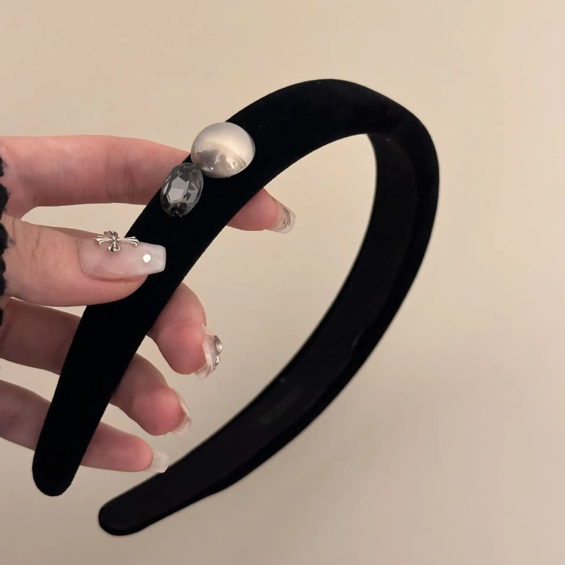 Black Velvet Pearl Rhinestone Headband for Women