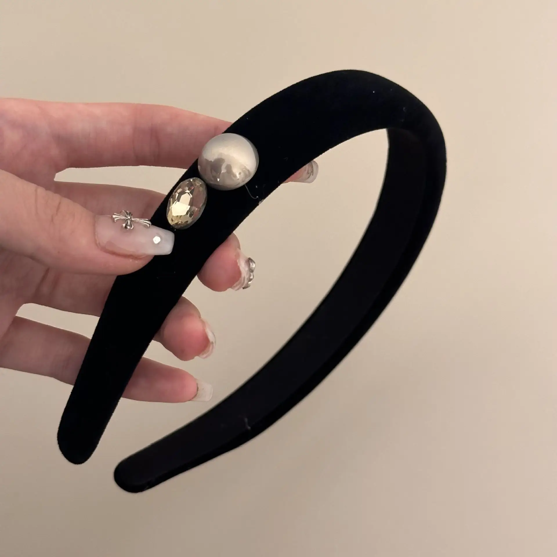 Black Velvet Pearl Rhinestone Headband for Women