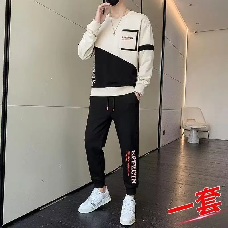 Men Korean Style 2023 Sports Suit Black White Slim Fit