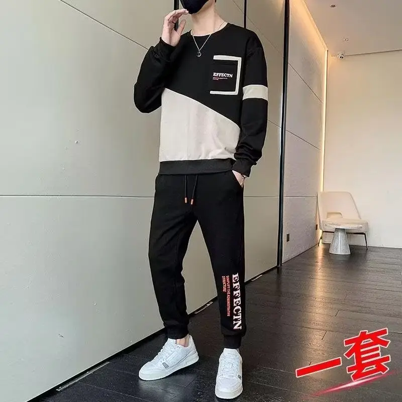 Men Korean Style 2023 Sports Suit Black White Slim Fit
