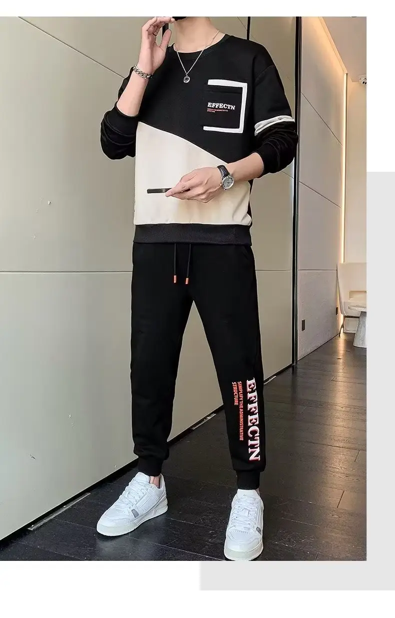 Men Korean Style 2023 Sports Suit Black White Slim Fit — feature 13