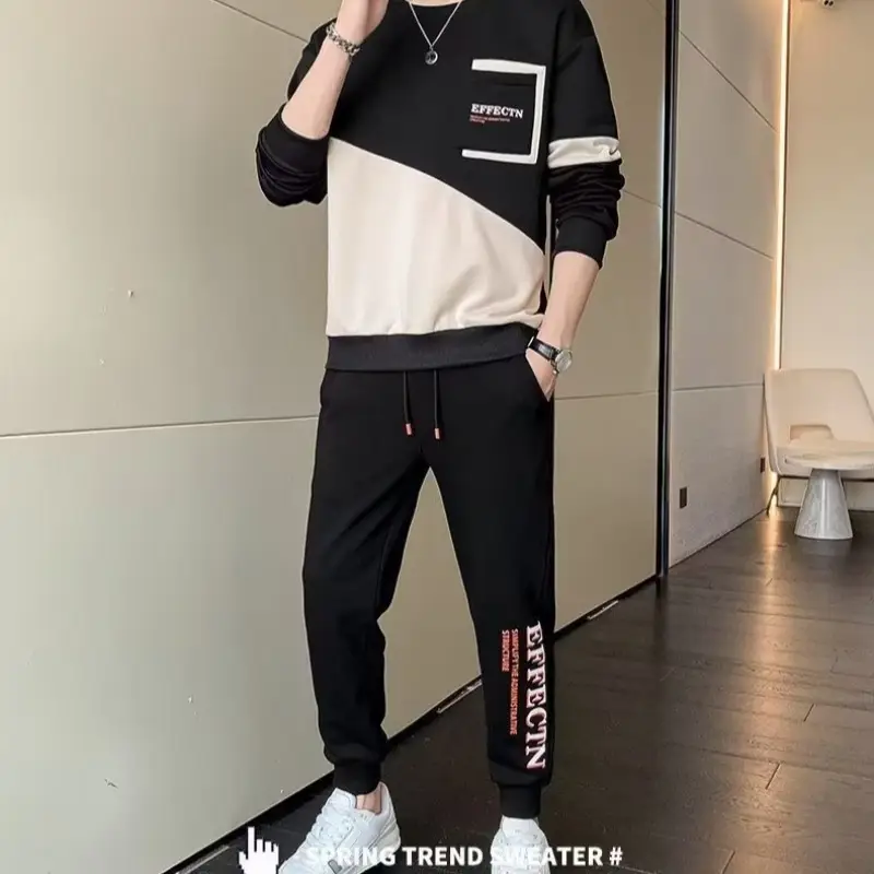 Men Korean Style 2023 Sports Suit Black White Slim Fit