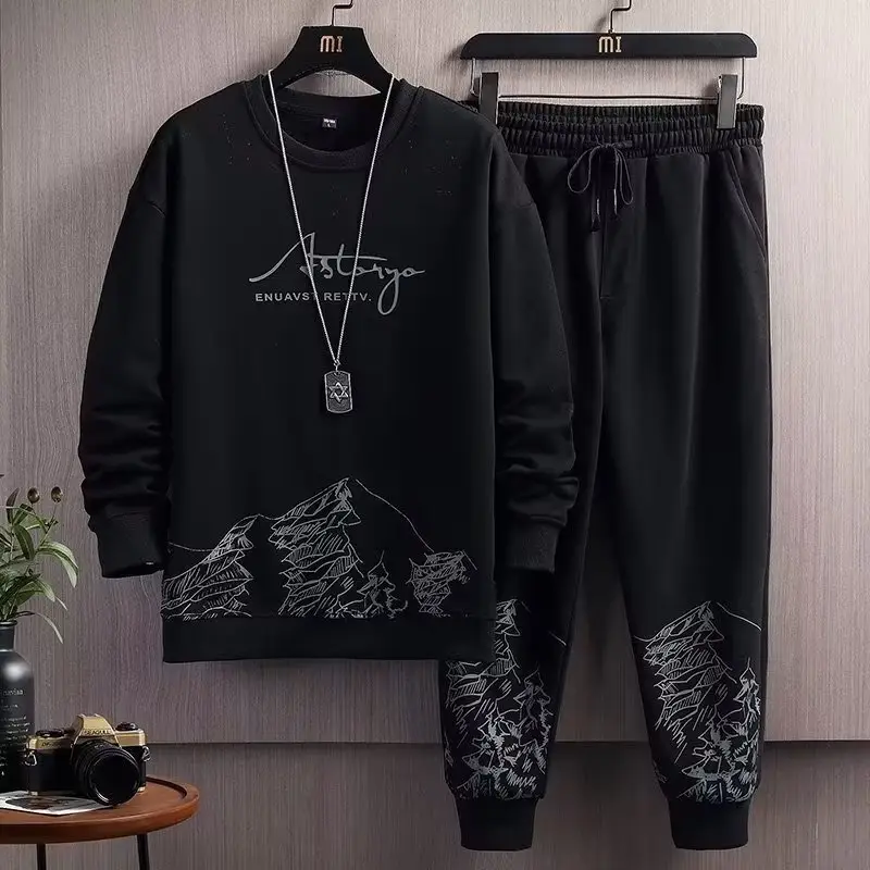 Men Black Mountain Print Sweatshirt Set Spring Autumn Loose Fit - Image 5