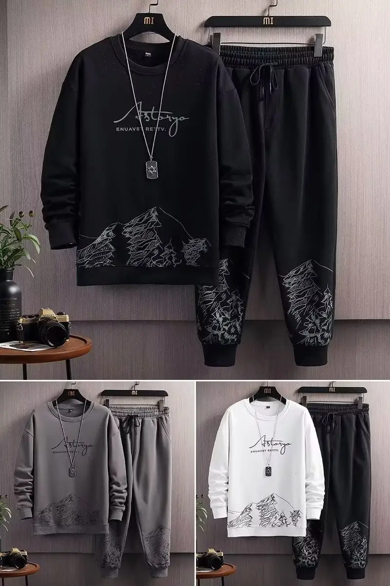 Men Black Mountain Print Sweatshirt Set Spring Autumn Loose Fit — feature 2