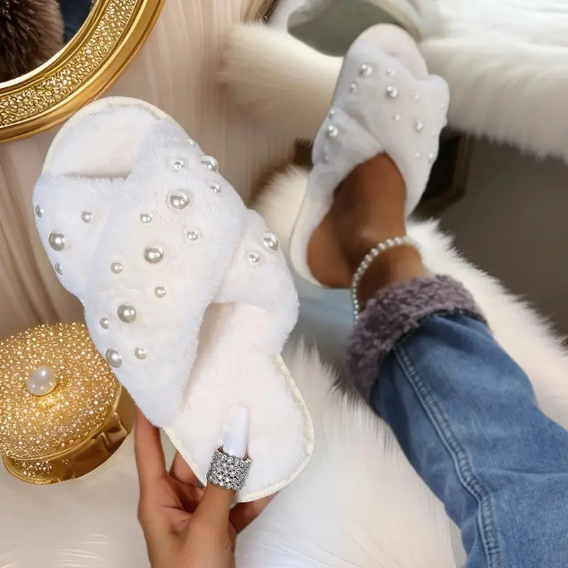 European and American Style Home 2026 New Flat Pearl Cross-Tie Furry Slippers for Women, Candy-Colored Cotton Slippers for Women