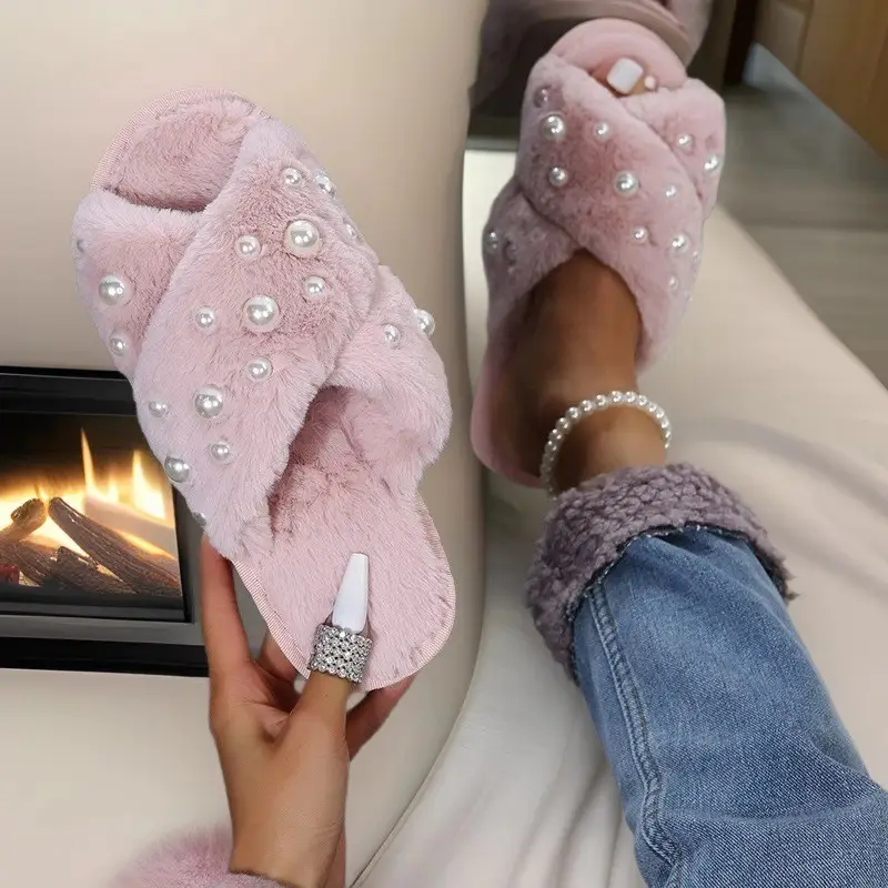 European and American Style Home 2026 New Flat Pearl Cross-Tie Furry Slippers for Women, Candy-Colored Cotton Slippers for Women