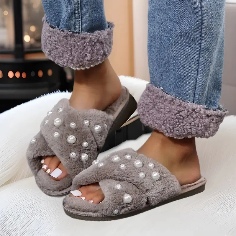 European and American Style Home 2026 New Flat Pearl Cross-Tie Furry Slippers for Women, Candy-Colored Cotton Slippers for Women