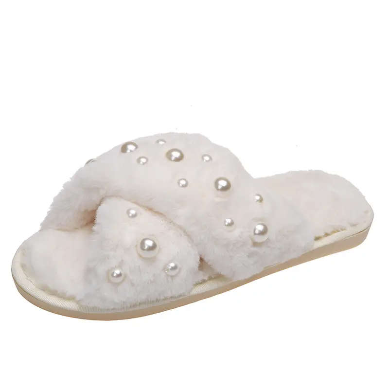 European and American Style Home 2026 New Flat Pearl Cross-Tie Furry Slippers for Women, Candy-Colored Cotton Slippers for Women