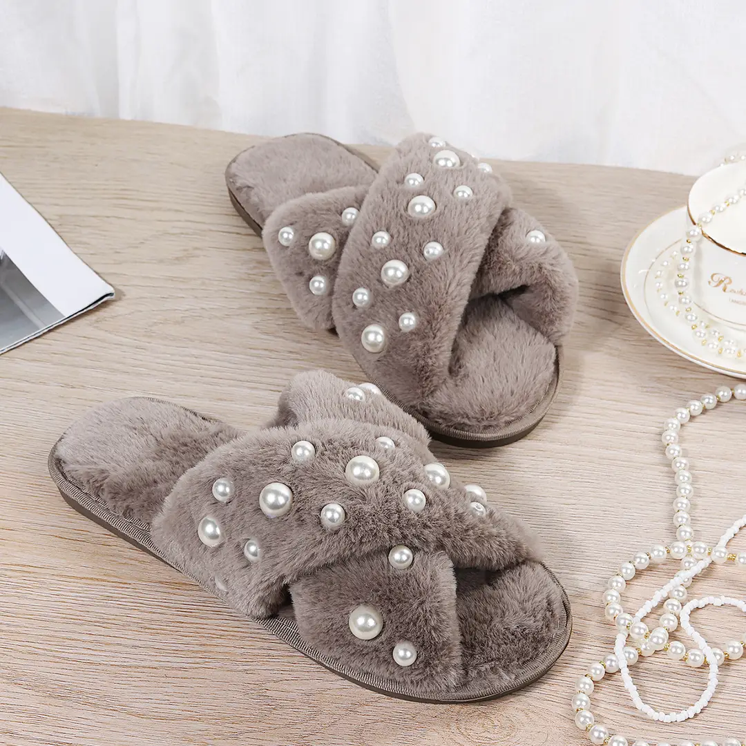 European and American Style Home 2026 New Flat Pearl Cross-Tie Furry Slippers for Women, Candy-Colored Cotton Slippers for Women — feature 6