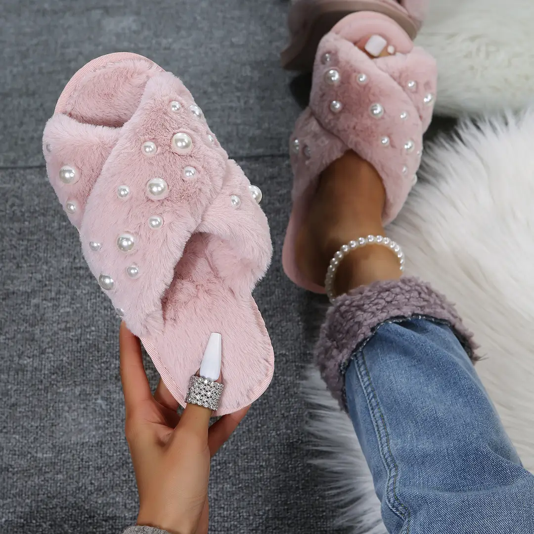 European and American Style Home 2026 New Flat Pearl Cross-Tie Furry Slippers for Women, Candy-Colored Cotton Slippers for Women — feature 8
