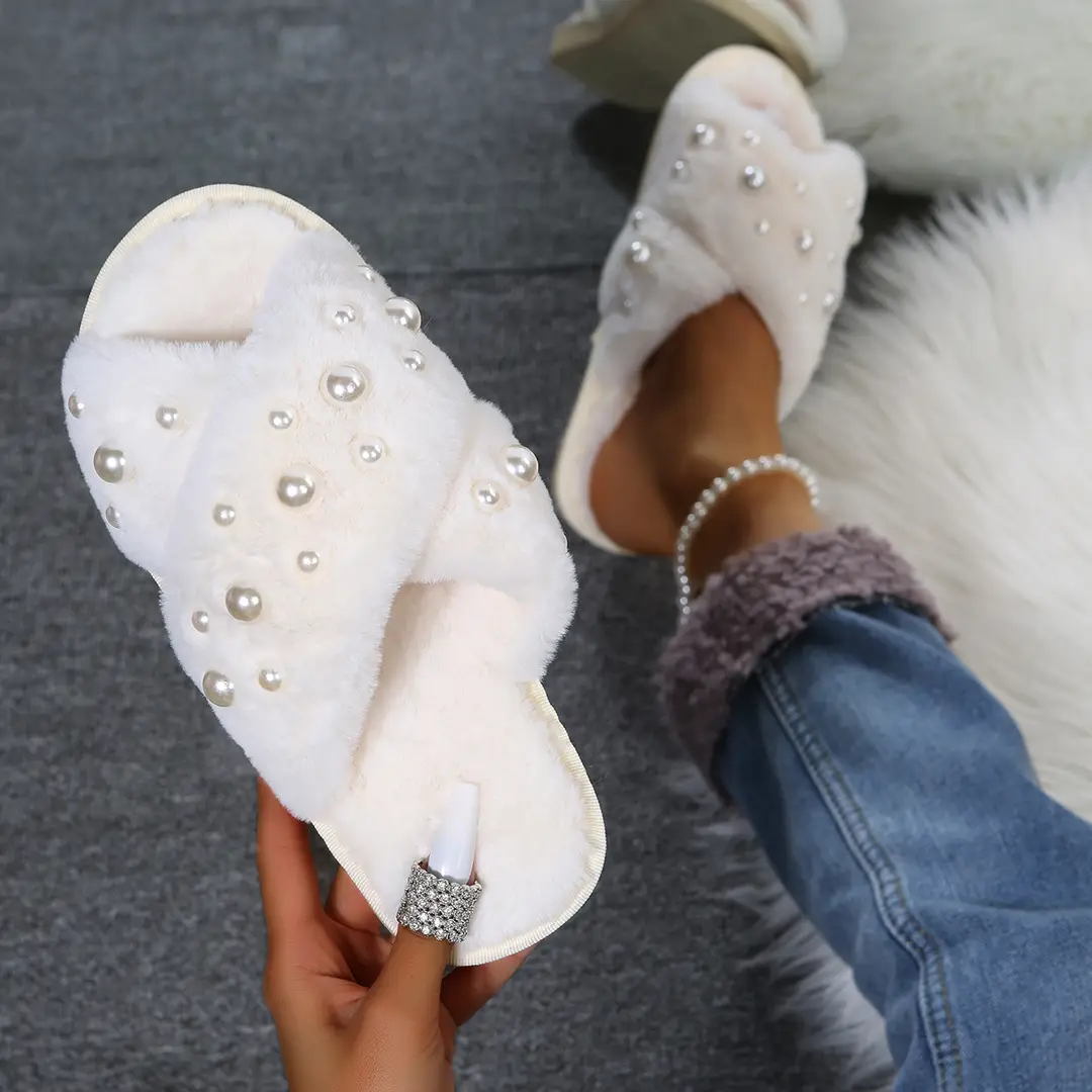 European and American Style Home 2026 New Flat Pearl Cross-Tie Furry Slippers for Women, Candy-Colored Cotton Slippers for Women — feature 9