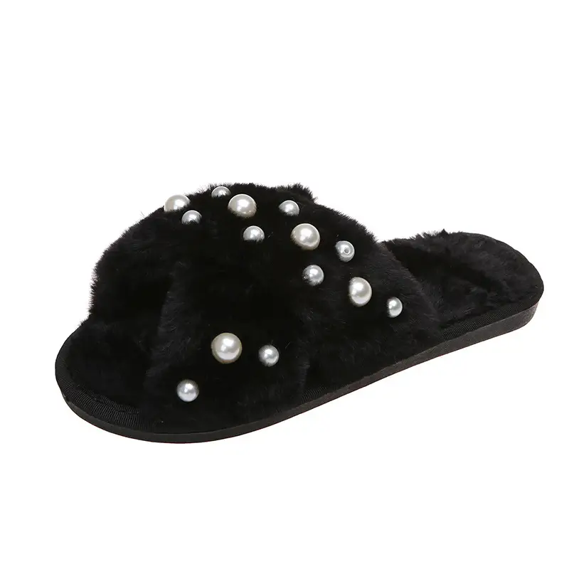 European and American Style Home 2026 New Flat Pearl Cross-Tie Furry Slippers for Women, Candy-Colored Cotton Slippers for Women