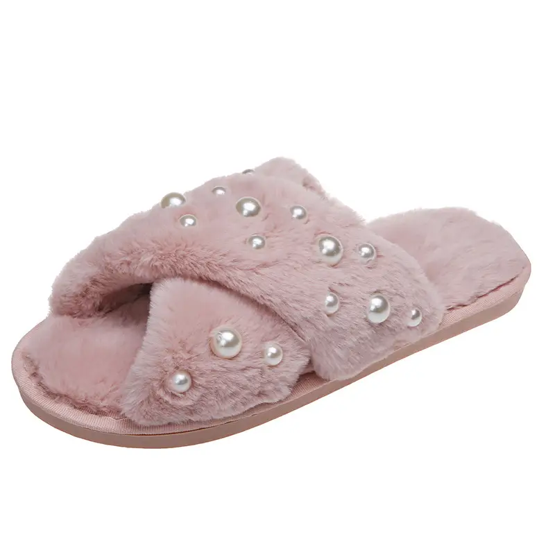 European and American Style Home 2026 New Flat Pearl Cross-Tie Furry Slippers for Women, Candy-Colored Cotton Slippers for Women