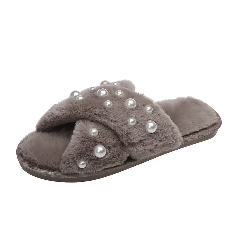 European and American Style Home 2026 New Flat Pearl Cross-Tie Furry Slippers for Women, Candy-Colored Cotton Slippers for Women
