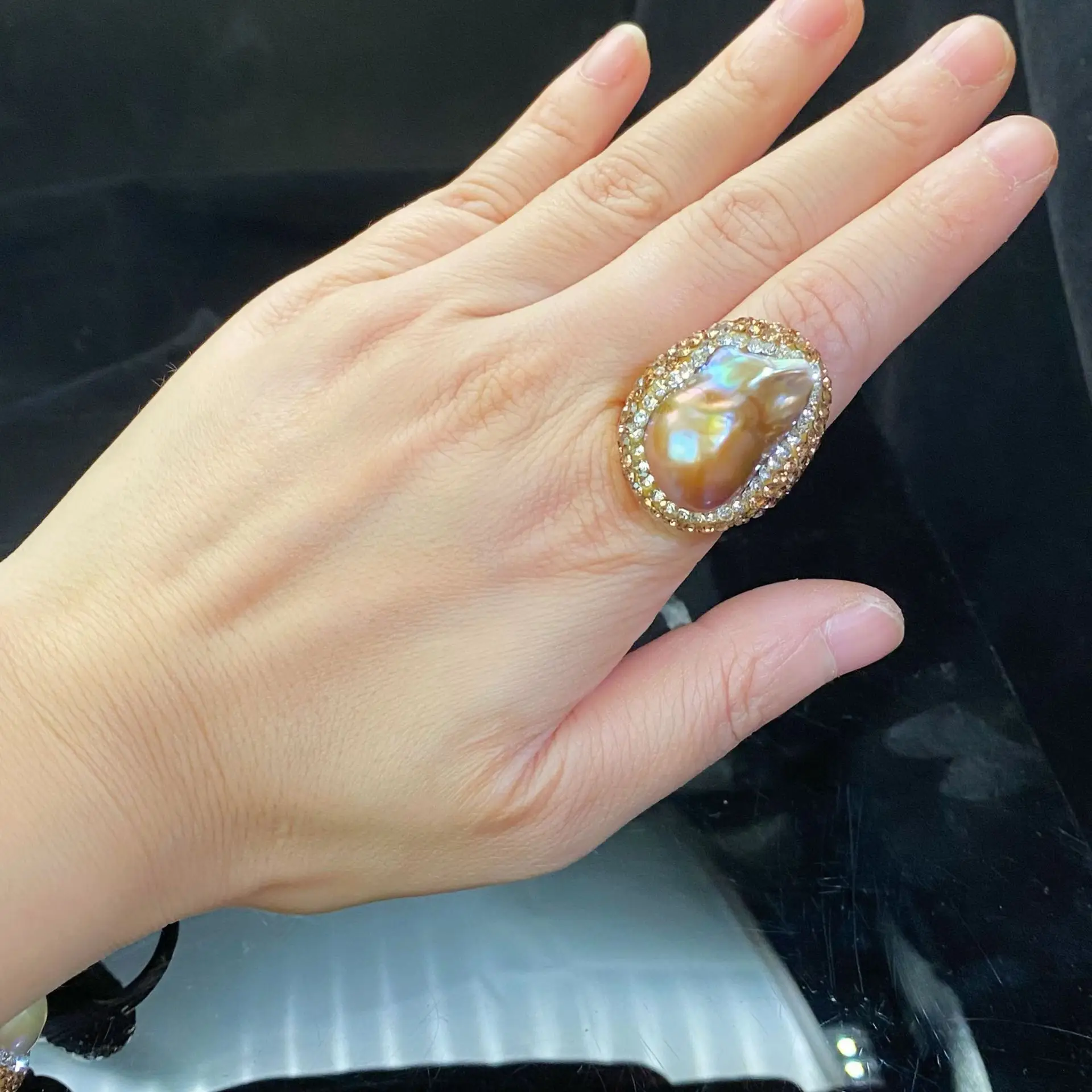 Freshwater Pearl Bus Index Finger Ring Meson Opening Copper Plated 18K - Image 5