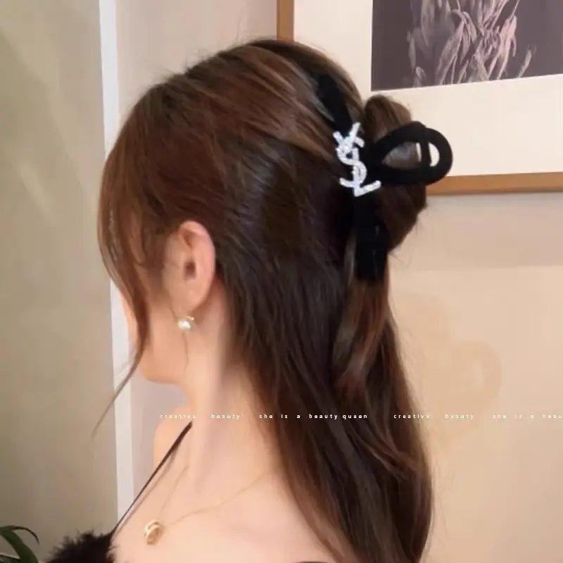 Large Black Velvet Hair Clip with Diamond Letter Design for Women