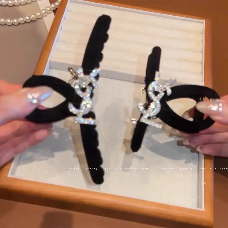 Large Black Velvet Hair Clip with Diamond Letter Design for Women