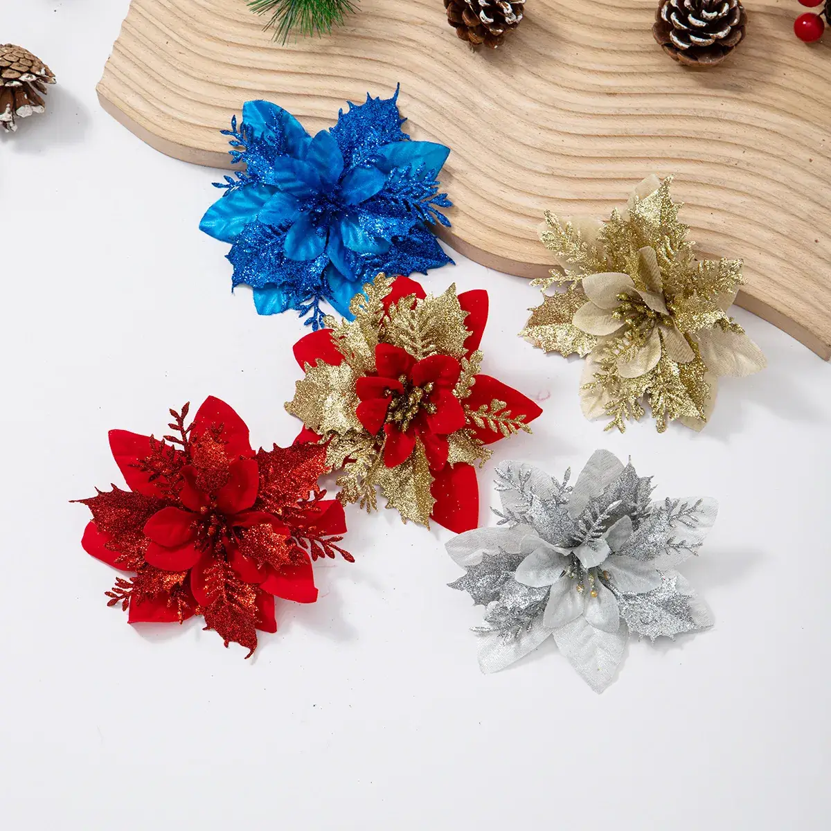 Christmas Tree Flower Ornaments Gold Silver Red Blue 13cm