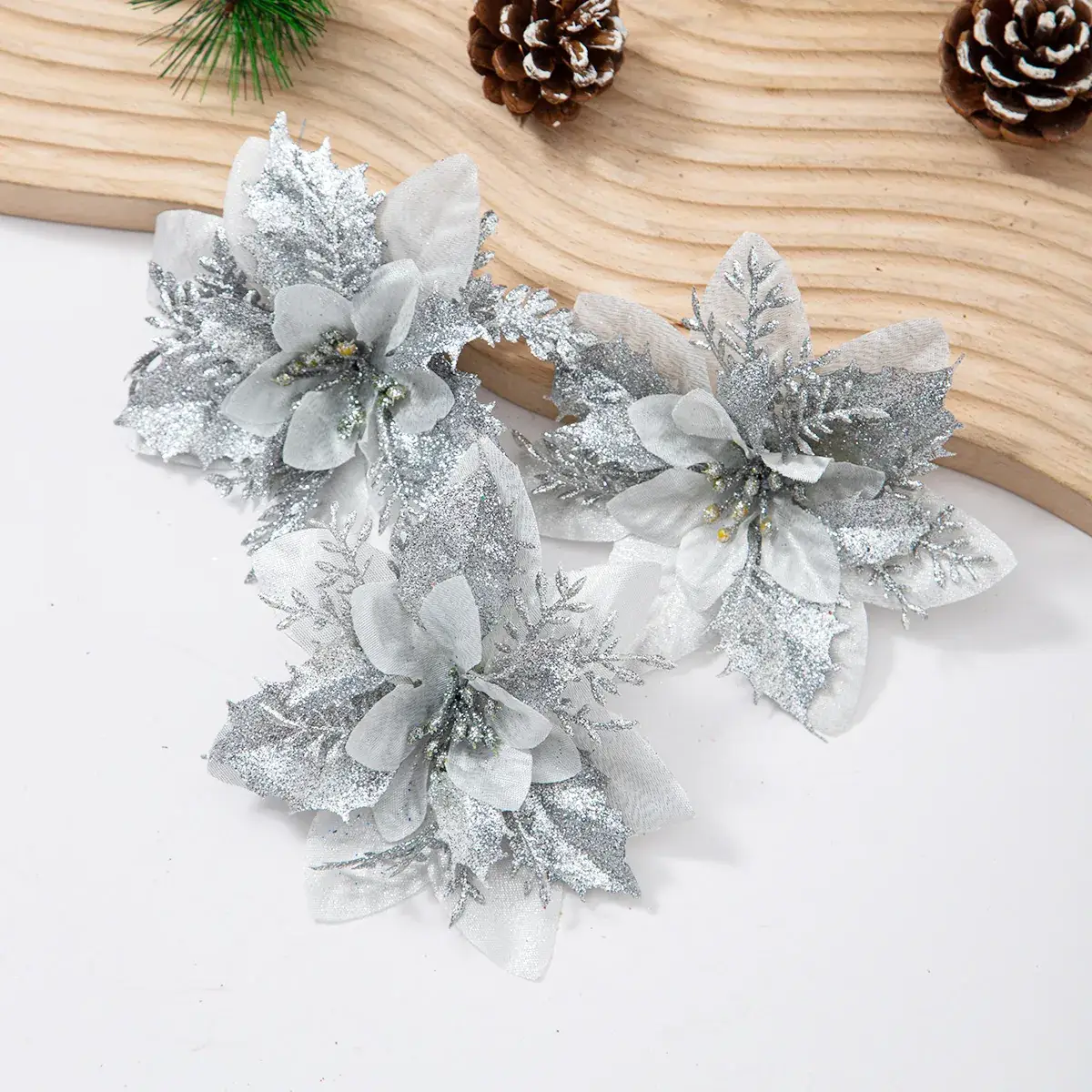 Christmas Tree Flower Ornaments Gold Silver Red Blue 13cm