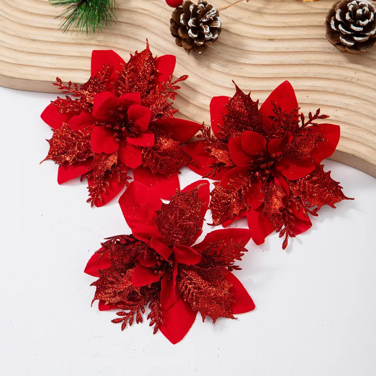 Christmas Tree Flower Ornaments Gold Silver Red Blue 13cm
