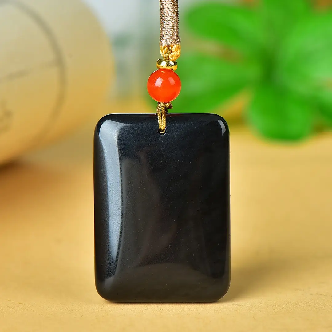 Black Gold Jade Peace Card Necklace with Red Pearl