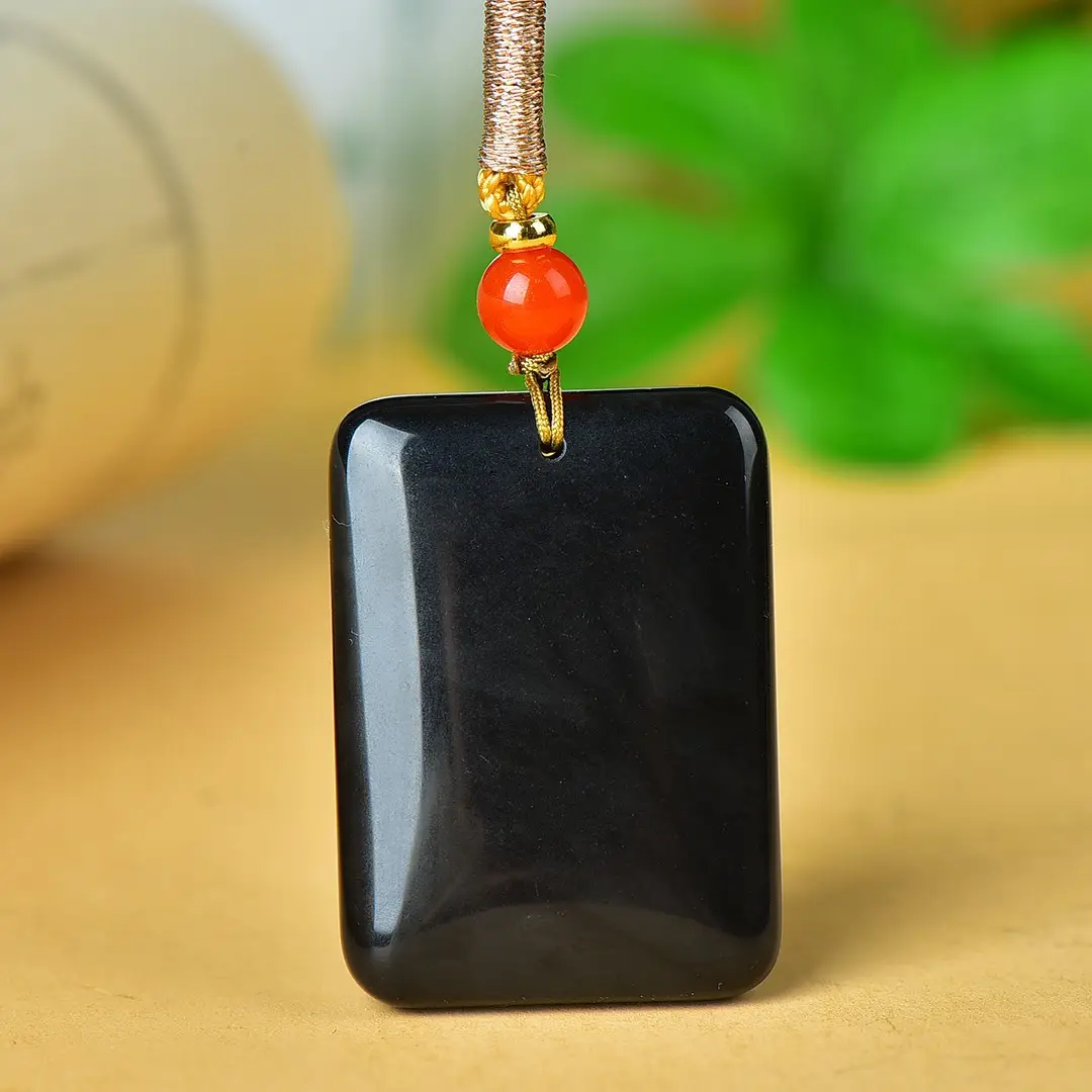 Black Gold Jade Peace Card Necklace with Red Pearl