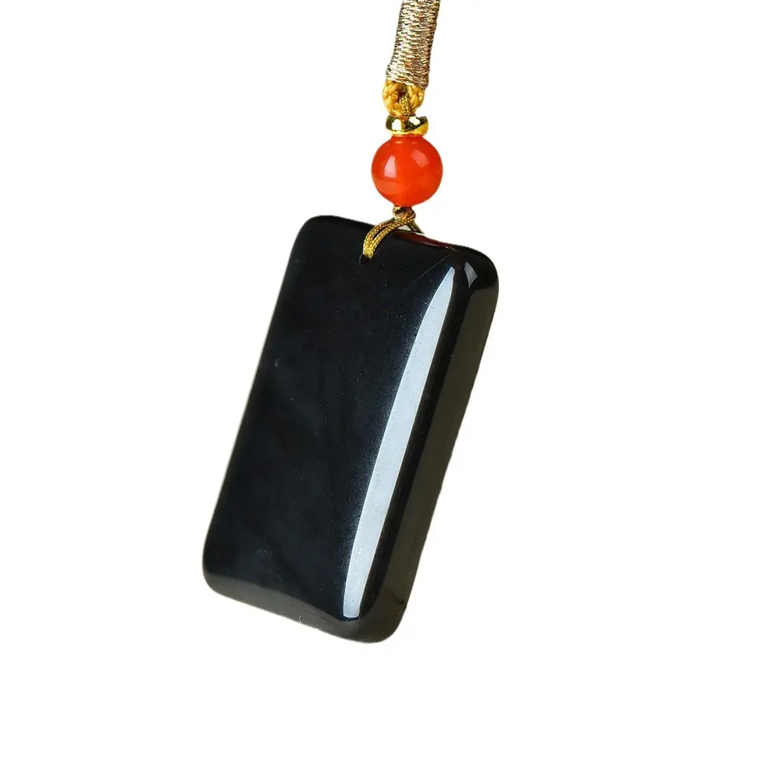 Black Gold Jade Peace Card Necklace with Red Pearl