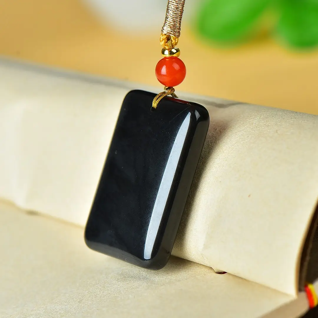 Black Gold Jade Peace Card Necklace with Red Pearl — feature 7