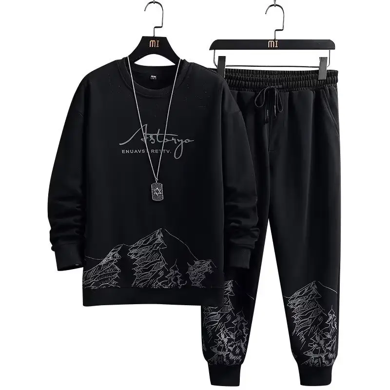 Men Black Mountain Print Sweatshirt Set Spring Autumn Loose Fit - Image 10