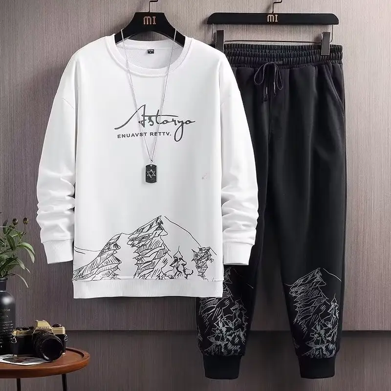 Men Black Mountain Print Sweatshirt Set Spring Autumn Loose Fit - Image 3