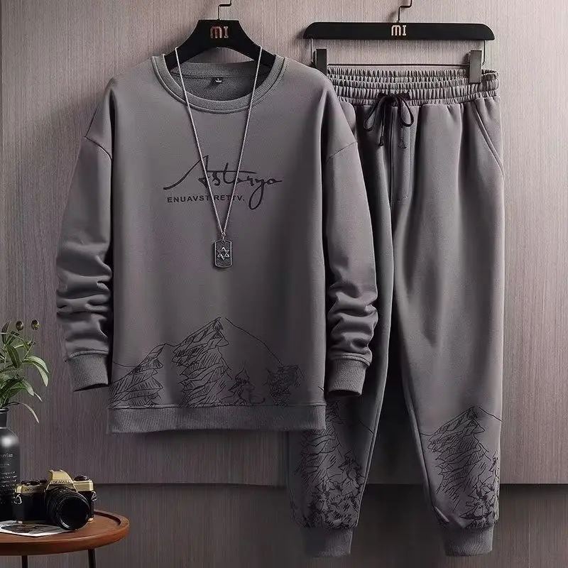 Men Black Mountain Print Sweatshirt Set Spring Autumn Loose Fit - Image 4