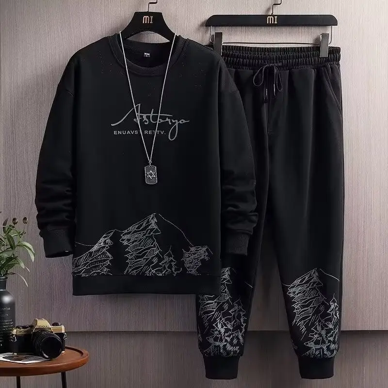 Men Black Mountain Print Sweatshirt Set Spring Autumn Loose Fit - Image 5