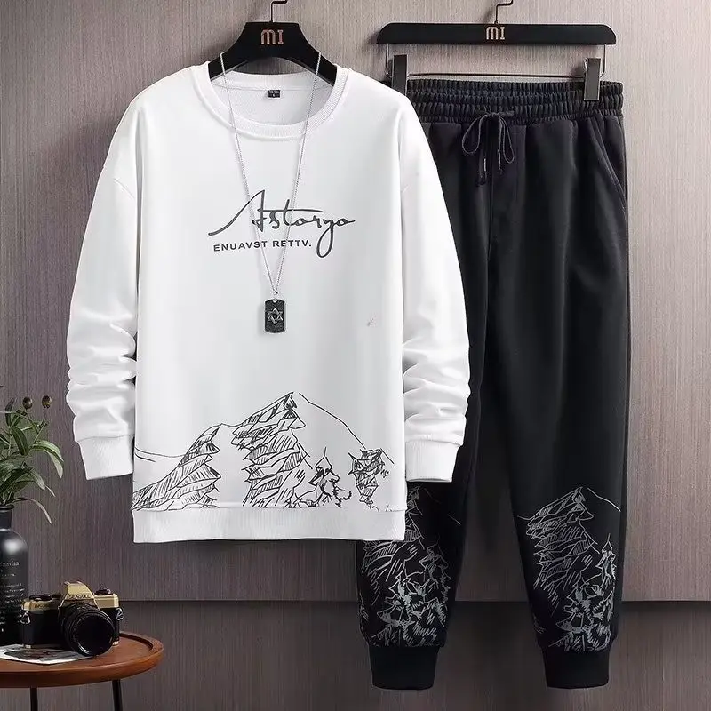 Men Black Mountain Print Sweatshirt Set Spring Autumn Loose Fit - Image 6