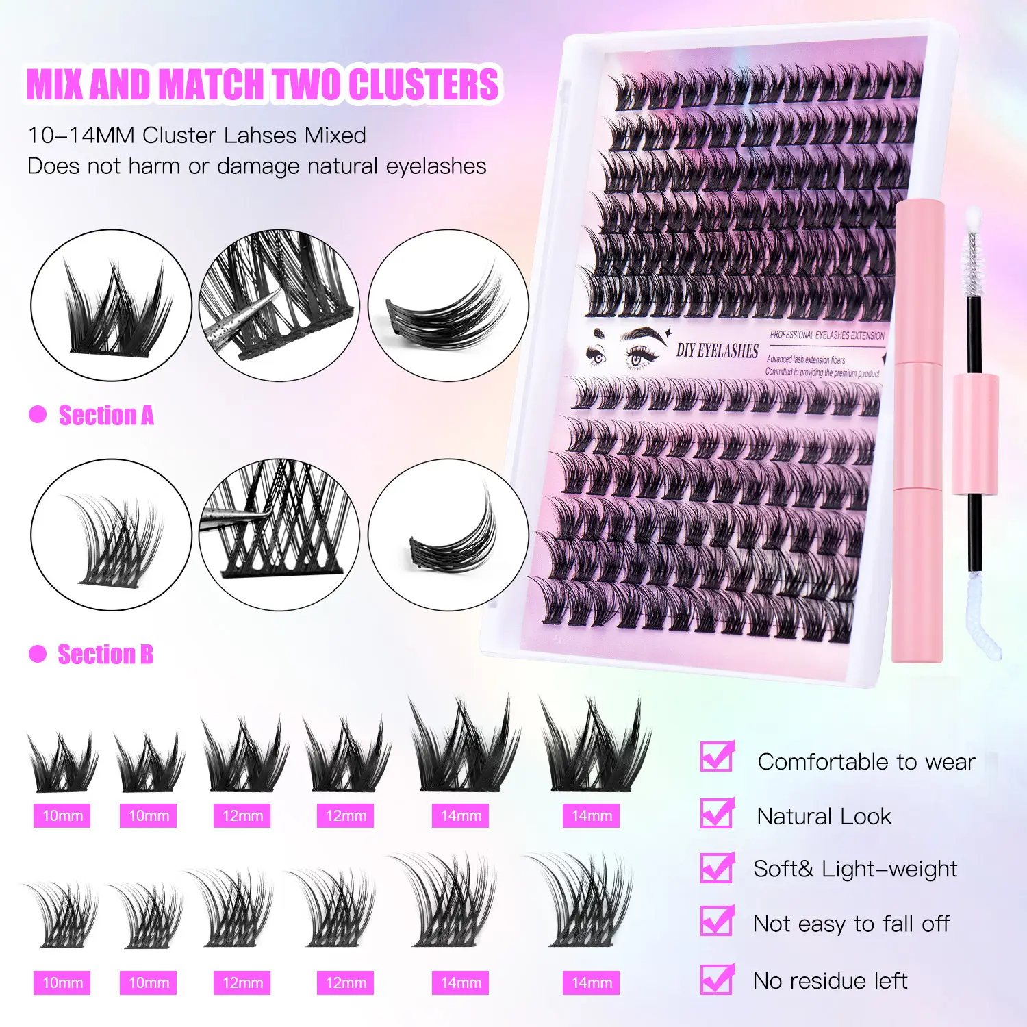 DIY False Eyelashes 126 Clusters Curved Mixed Single 10-14mm - Image 6