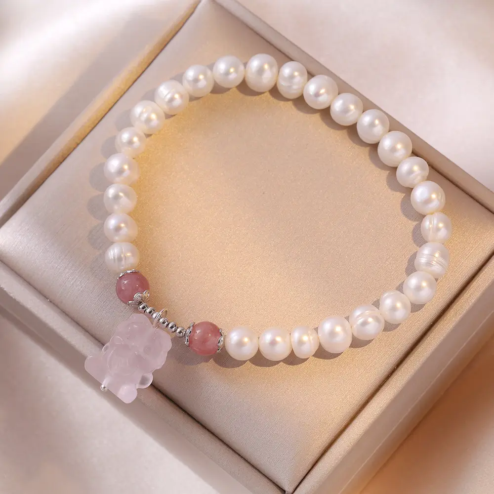 S925 Pearl Bracelet with Pink Crystal Nine-Tail Design