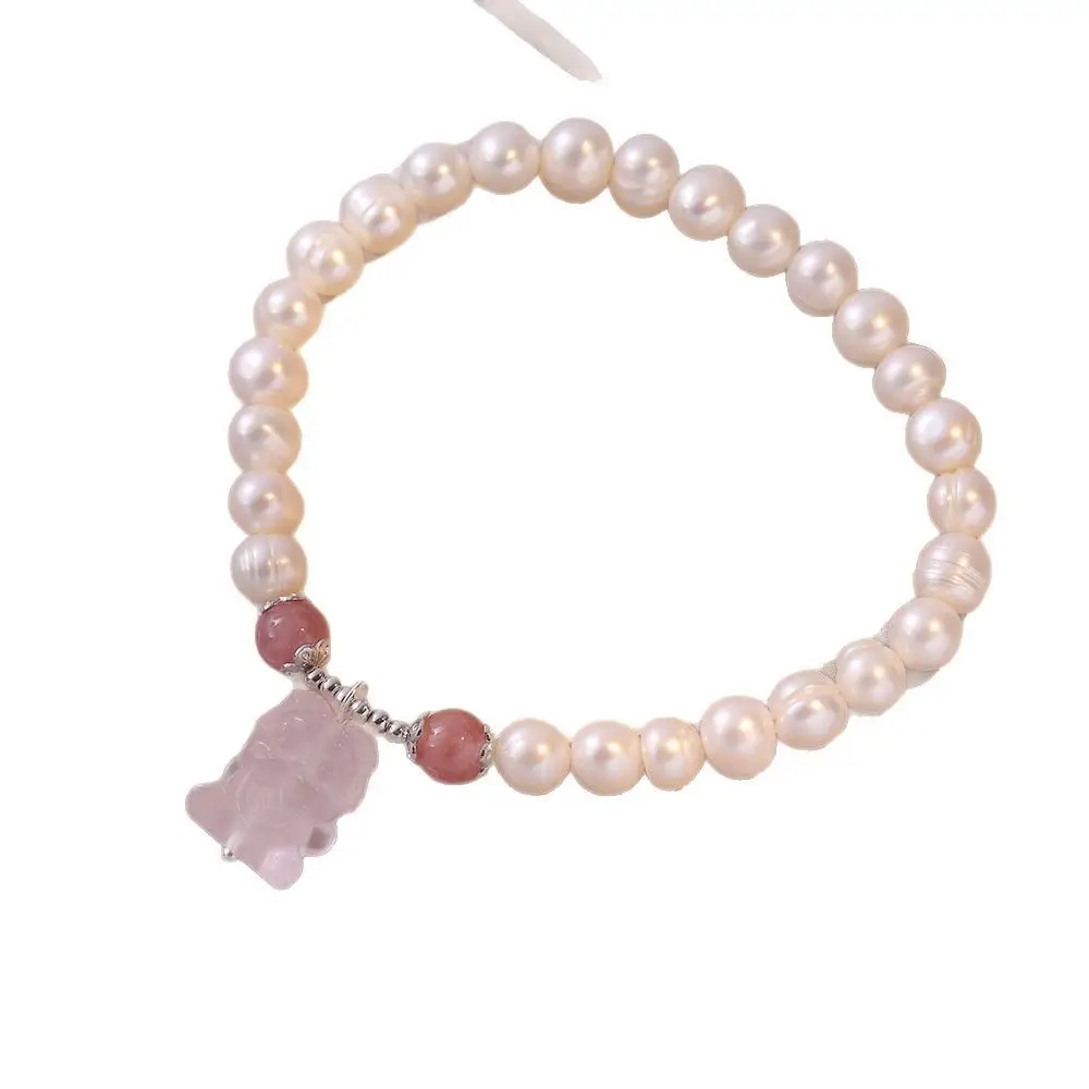 S925 Pearl Bracelet with Pink Crystal Nine-Tail Design