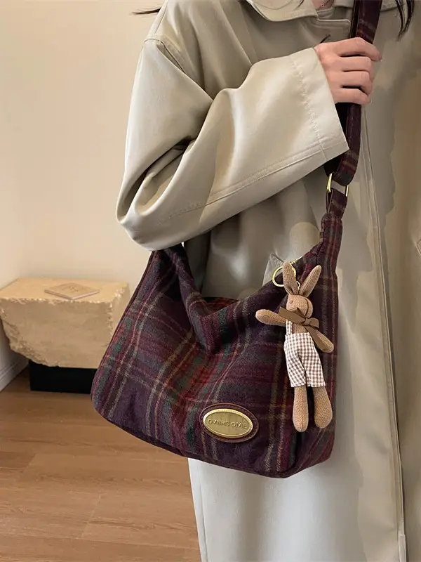 Women Plaid Wool Shoulder Bag Autumn Winter Niche Fashion - Image 7