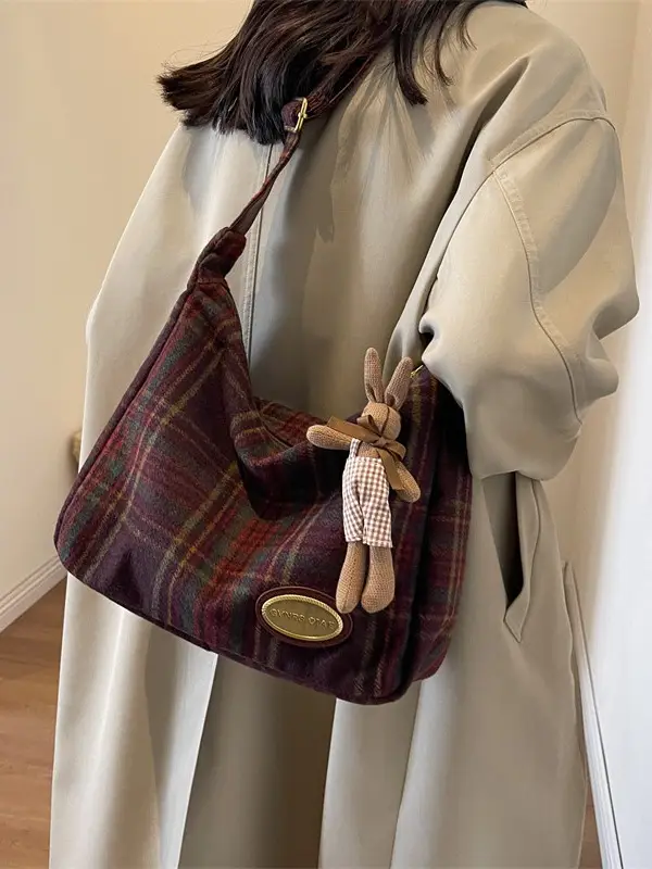 Women Plaid Wool Shoulder Bag Autumn Winter Niche Fashion - Image 8