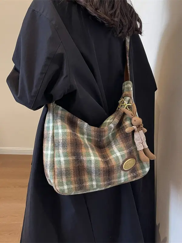 Women Plaid Wool Shoulder Bag Autumn Winter Niche Fashion - Image 9