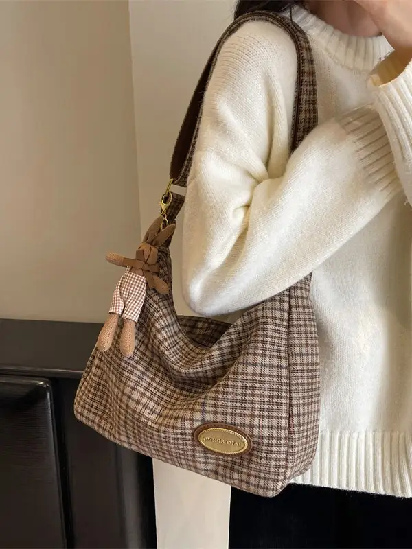 Women Plaid Wool Shoulder Bag Autumn Winter Niche Fashion - Image 10