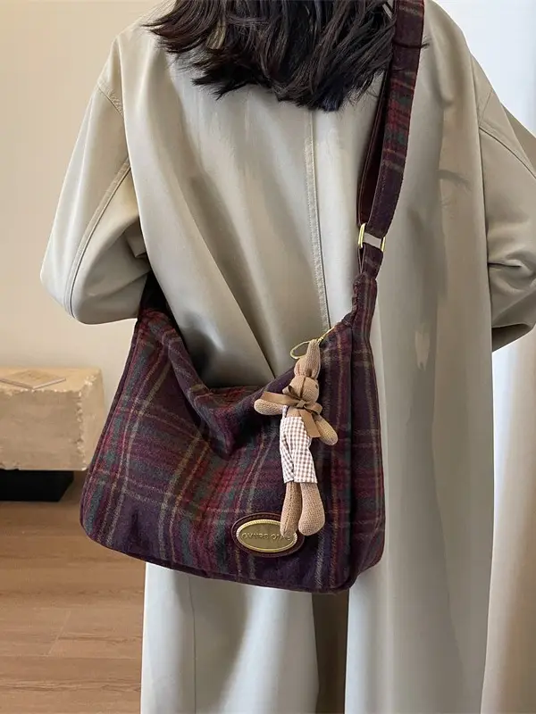 Women Plaid Wool Shoulder Bag Autumn Winter Niche Fashion - Image 11