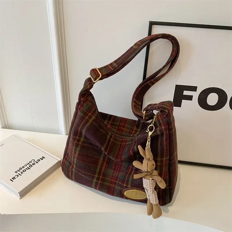 Women Plaid Wool Shoulder Bag Autumn Winter Niche Fashion - Image 4