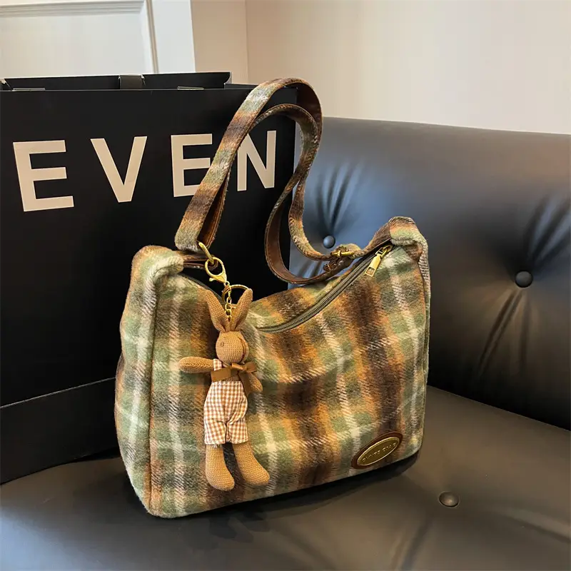 Women Plaid Wool Shoulder Bag Autumn Winter Niche Fashion - Image 5