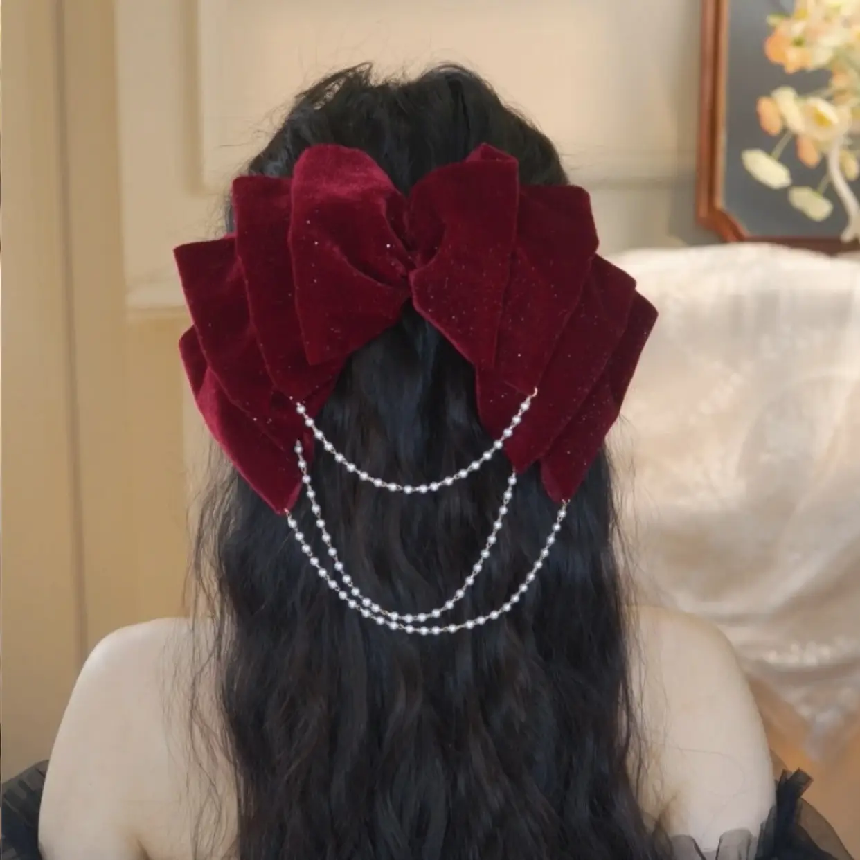 Black Star Bow Hairpin with Red Velvet Clip - Image 2