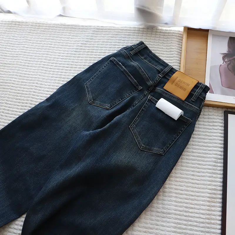 Women Irregular Leg Dark Blue Denim Pants 2023